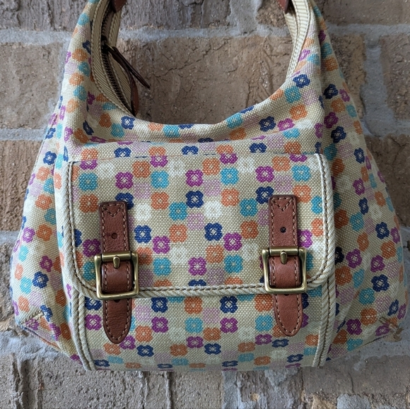 Fossil Tate Hobo Shoulder Bag Natural Floral Canvas Leather Y2K - Picture 2 of 15